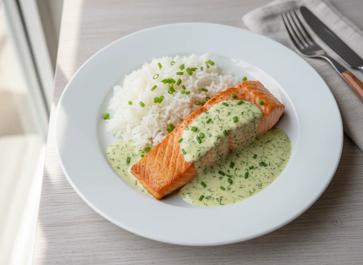 Salmon with creamy sauce and rice photo