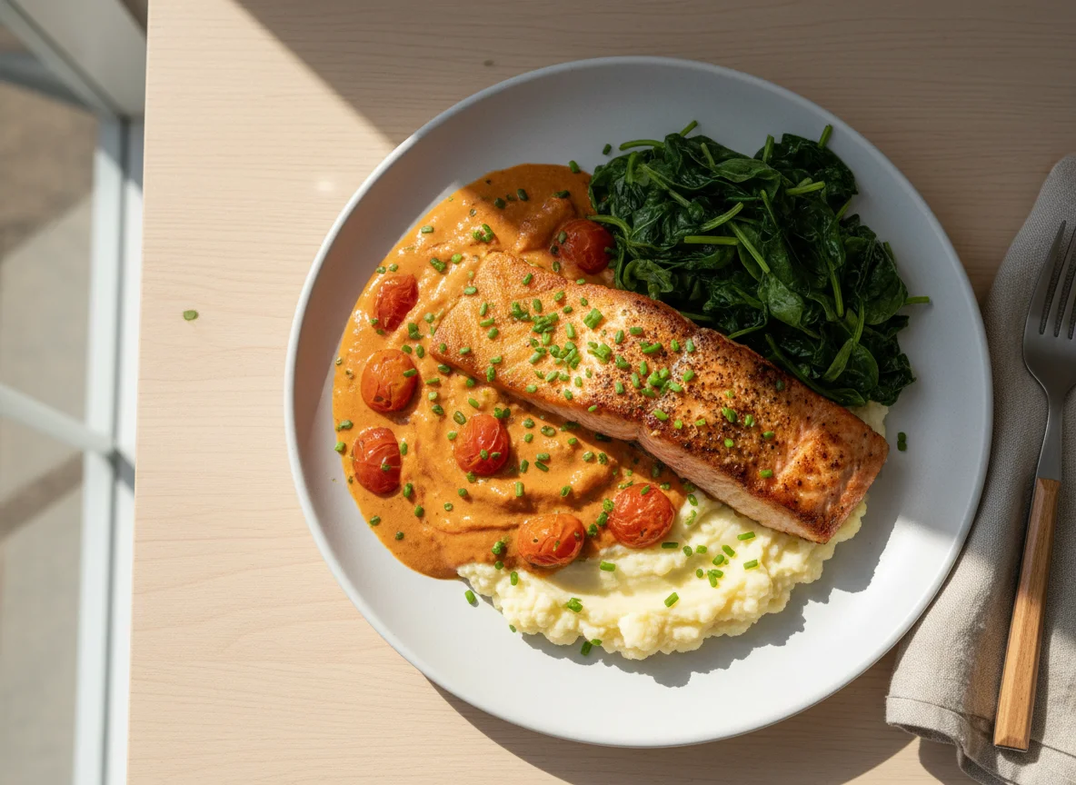 Salmon with Creamy Sauce, Mashed Cauliflower, and Spinach photo
