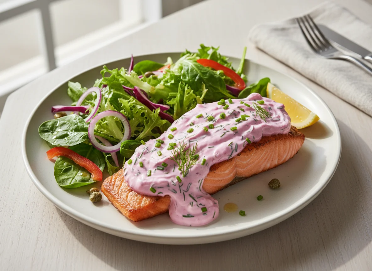 Salmon with creamy topping and mixed salad photo