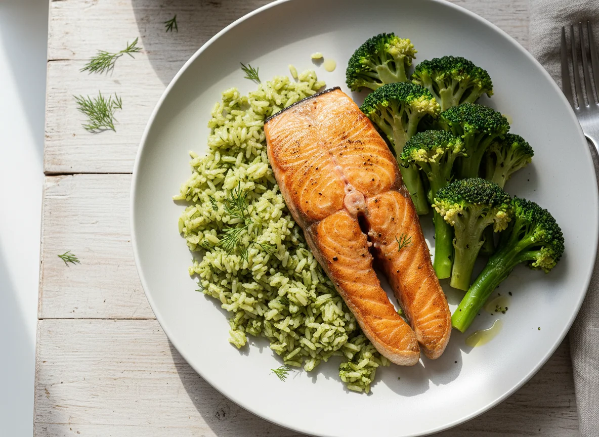 Salmon with Dill Rice and Broccoli photo