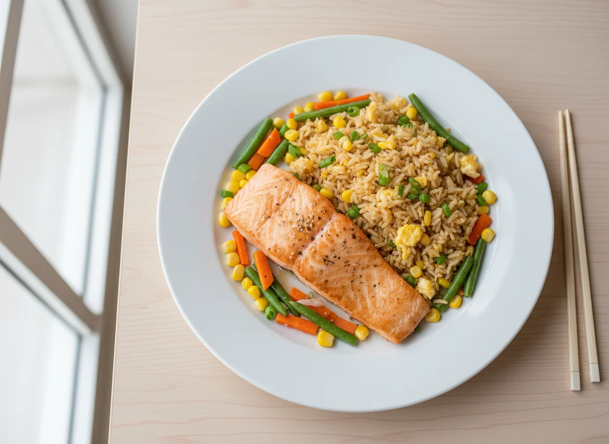 Salmon with Egg Fried Rice and Vegetables photo