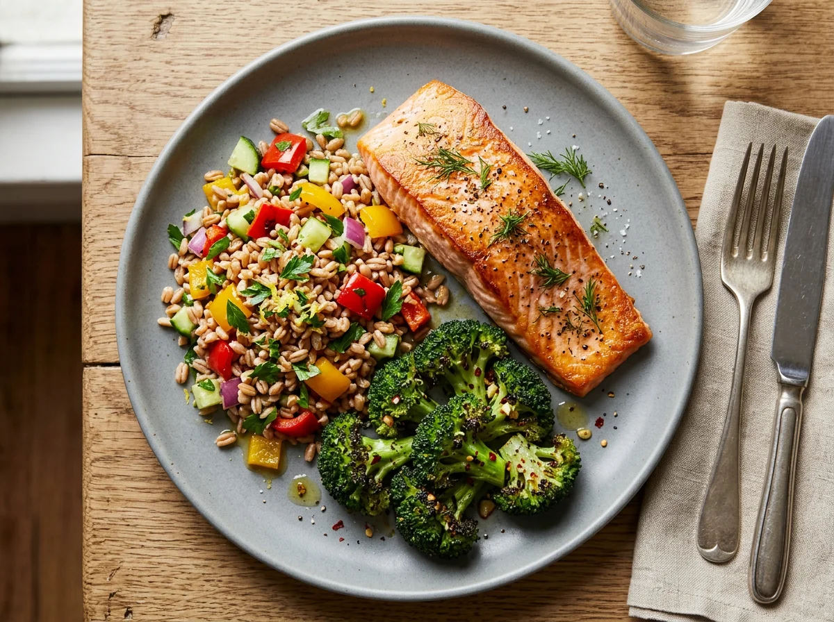 Salmon with Farro Salad and Broccoli photo