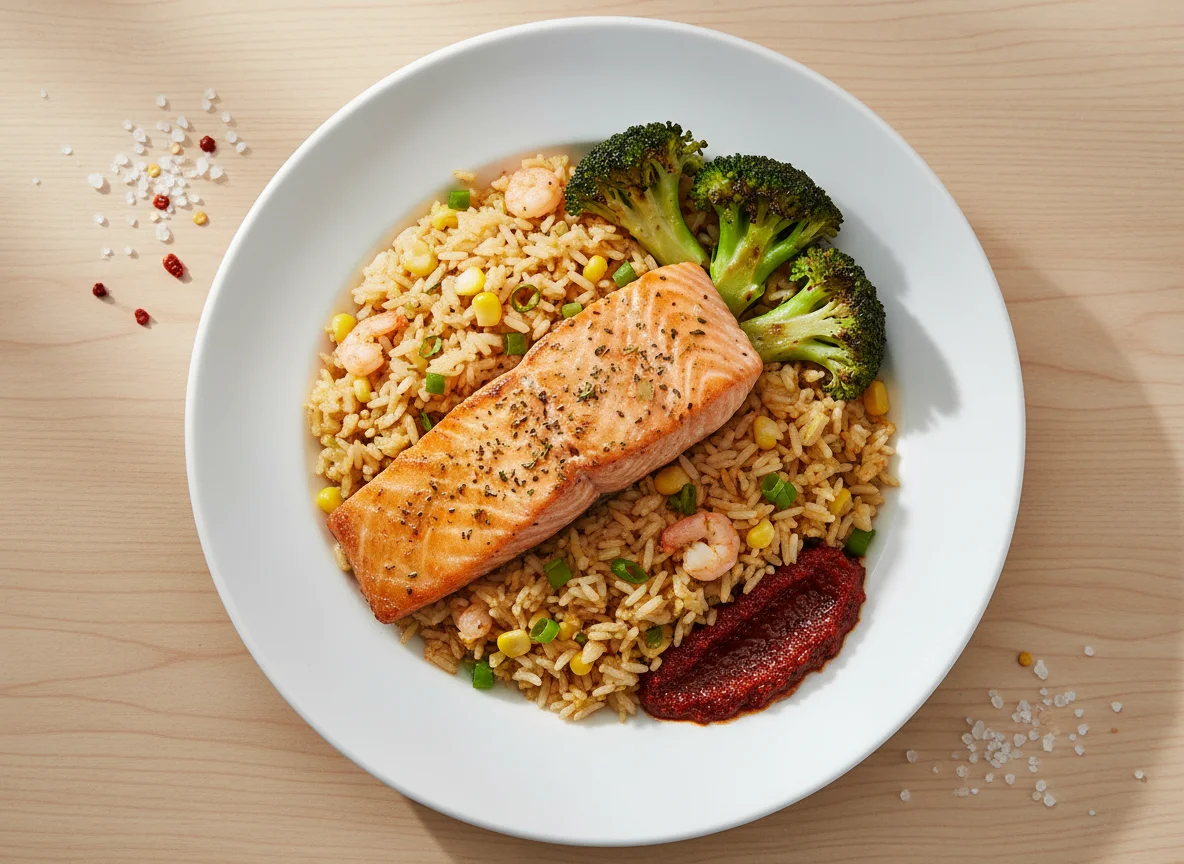 Salmon with Fried Rice and Broccoli photo