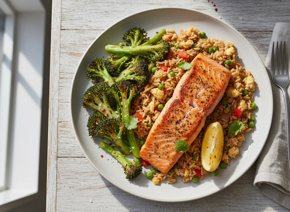 Salmon with Fried Rice and Roasted Broccoli photo