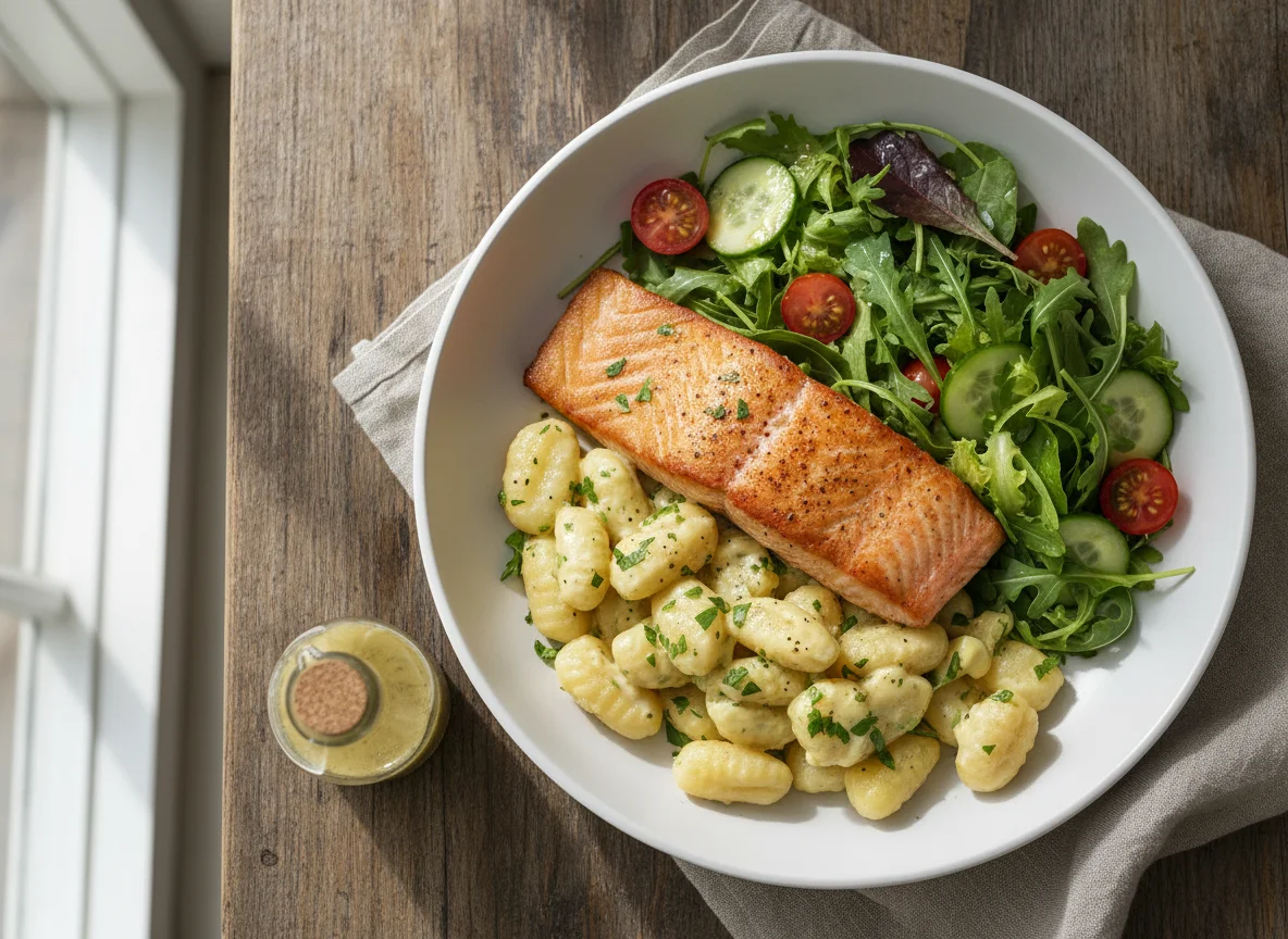 Salmon with Gnocchi and Mixed Green Salad photo