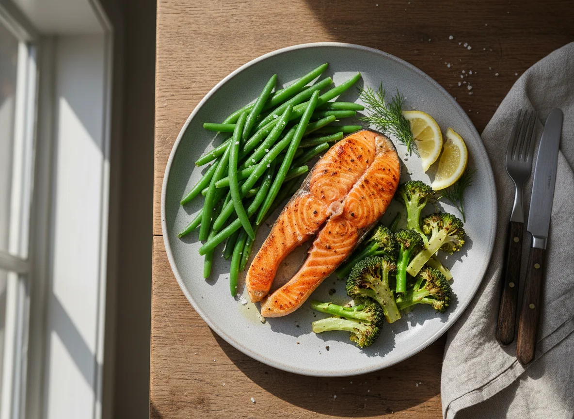 Salmon with Green Beans and Broccoli photo