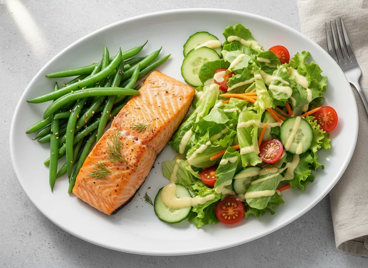 Salmon with Green Beans and Side Salad photo