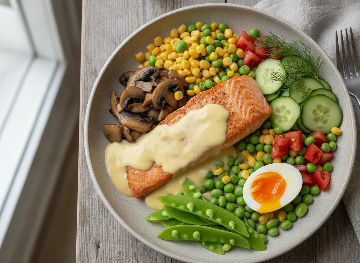 Salmon with Hollandaise Sauce, Egg, and Mixed Vegetables photo