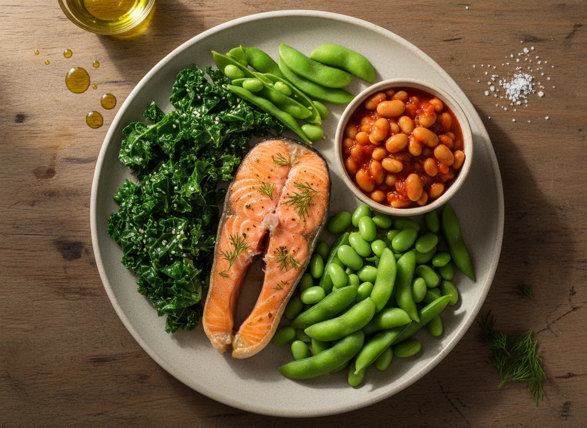 Salmon with Kale, Edamame and Baked Beans photo