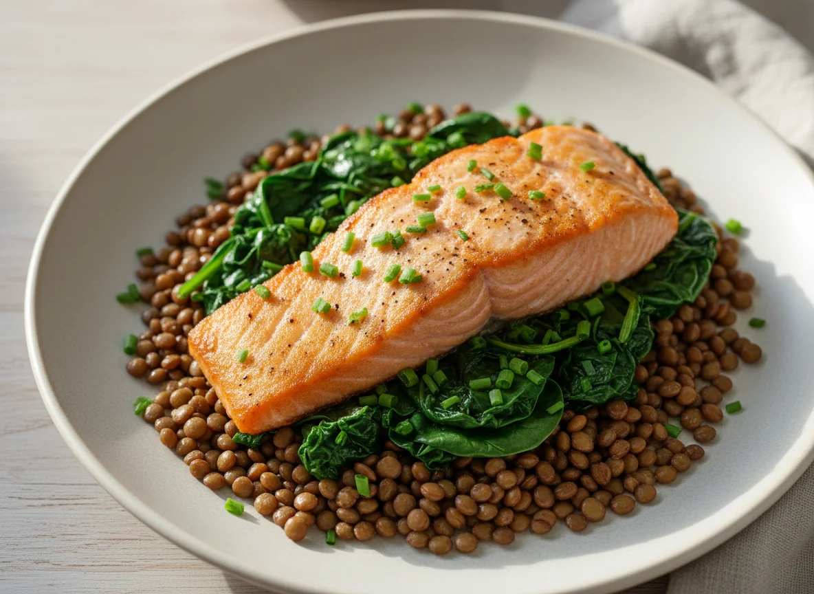 Salmon with Lentils and Spinach photo