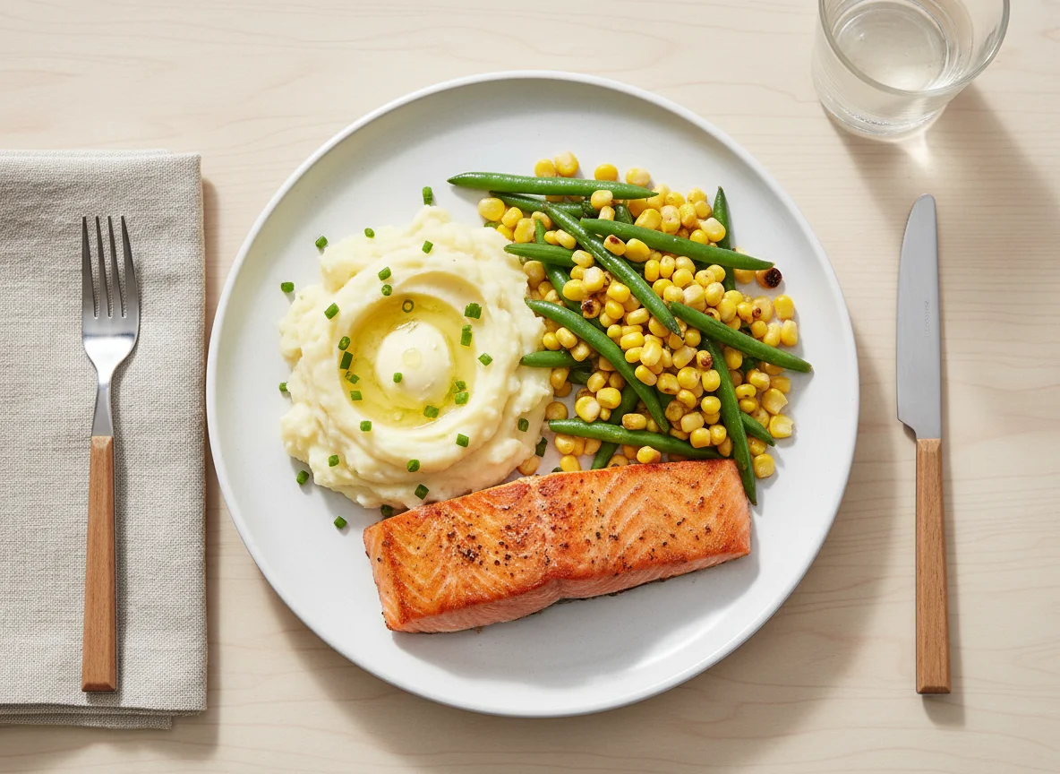 Salmon with mashed potato, sweetcorn and green beans photo