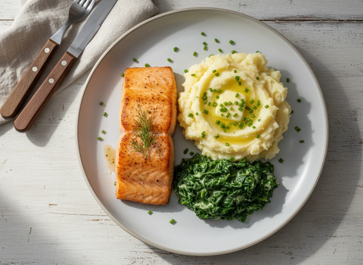 Salmon with Mashed Potatoes and Creamed Greens photo