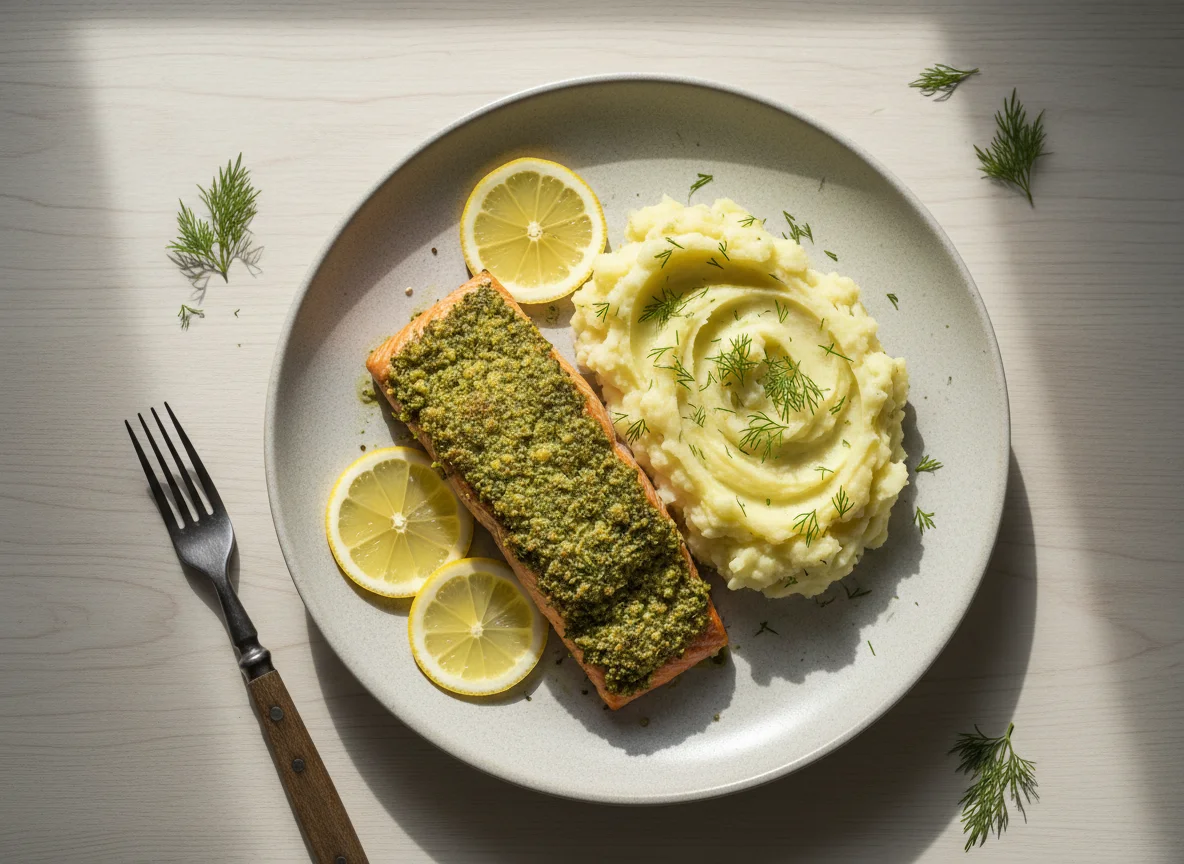 Salmon with mashed potatoes and dill photo