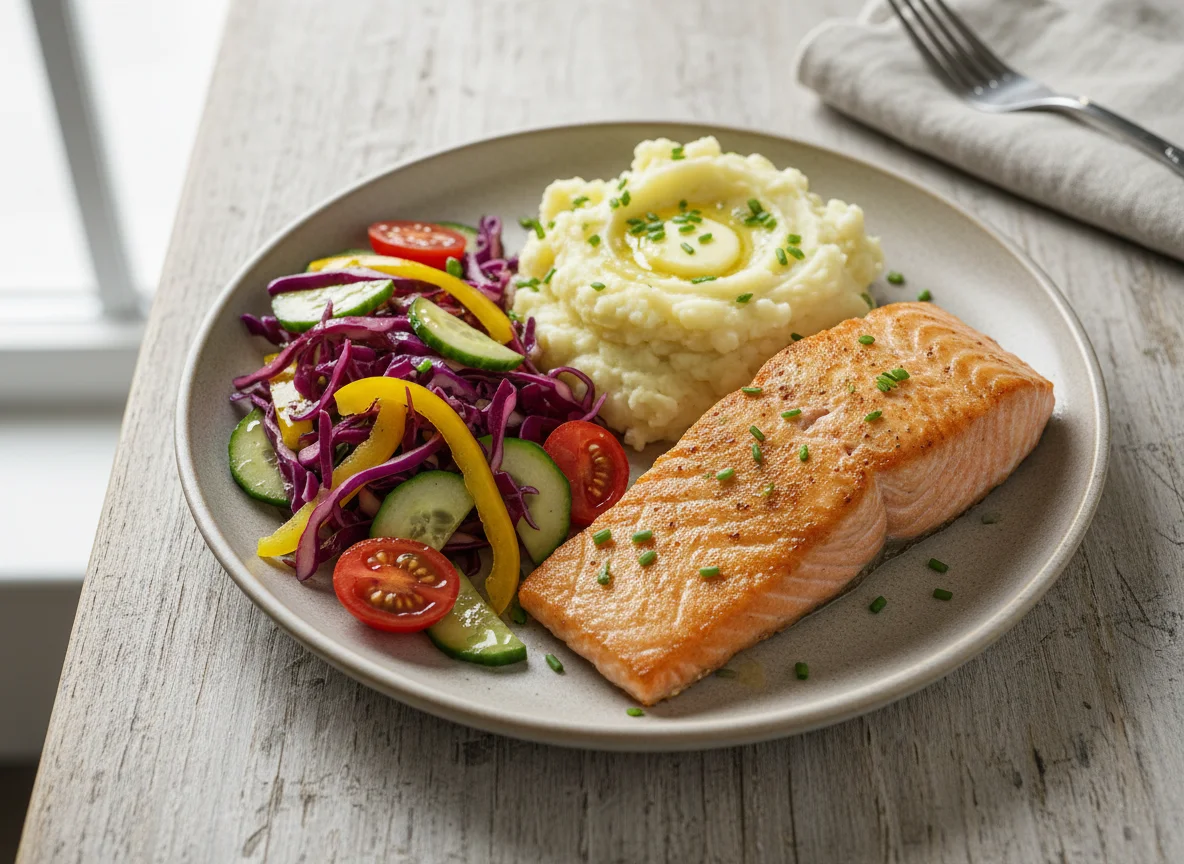 Salmon with Mashed Potatoes and Salad photo
