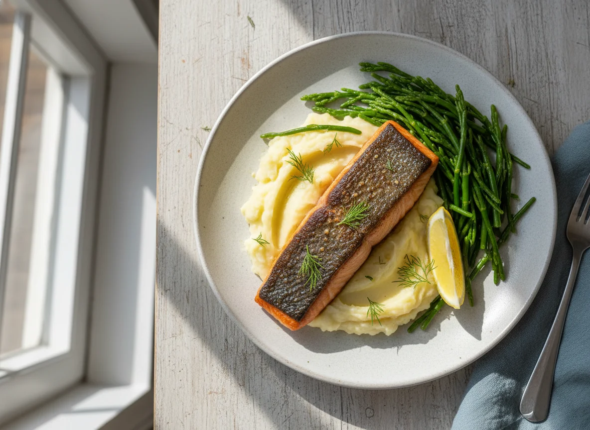Salmon with mashed potatoes and samphire photo