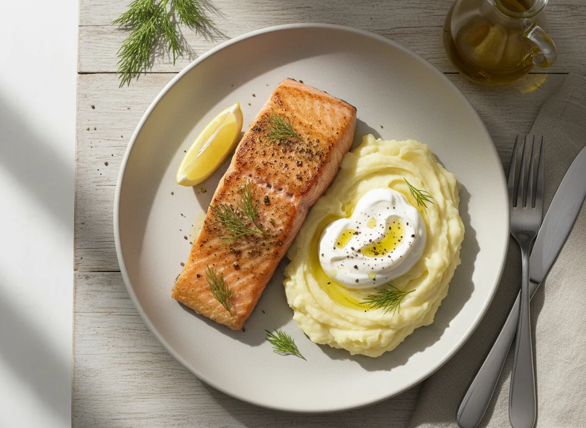 Salmon with Mashed Potatoes and Sour Cream photo