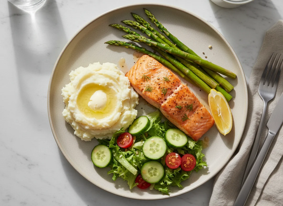 Salmon with Mashed Potatoes, Asparagus and Salad photo
