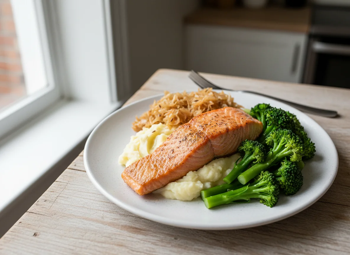 Salmon with Mashed Potatoes, Sauerkraut, and Broccoli photo