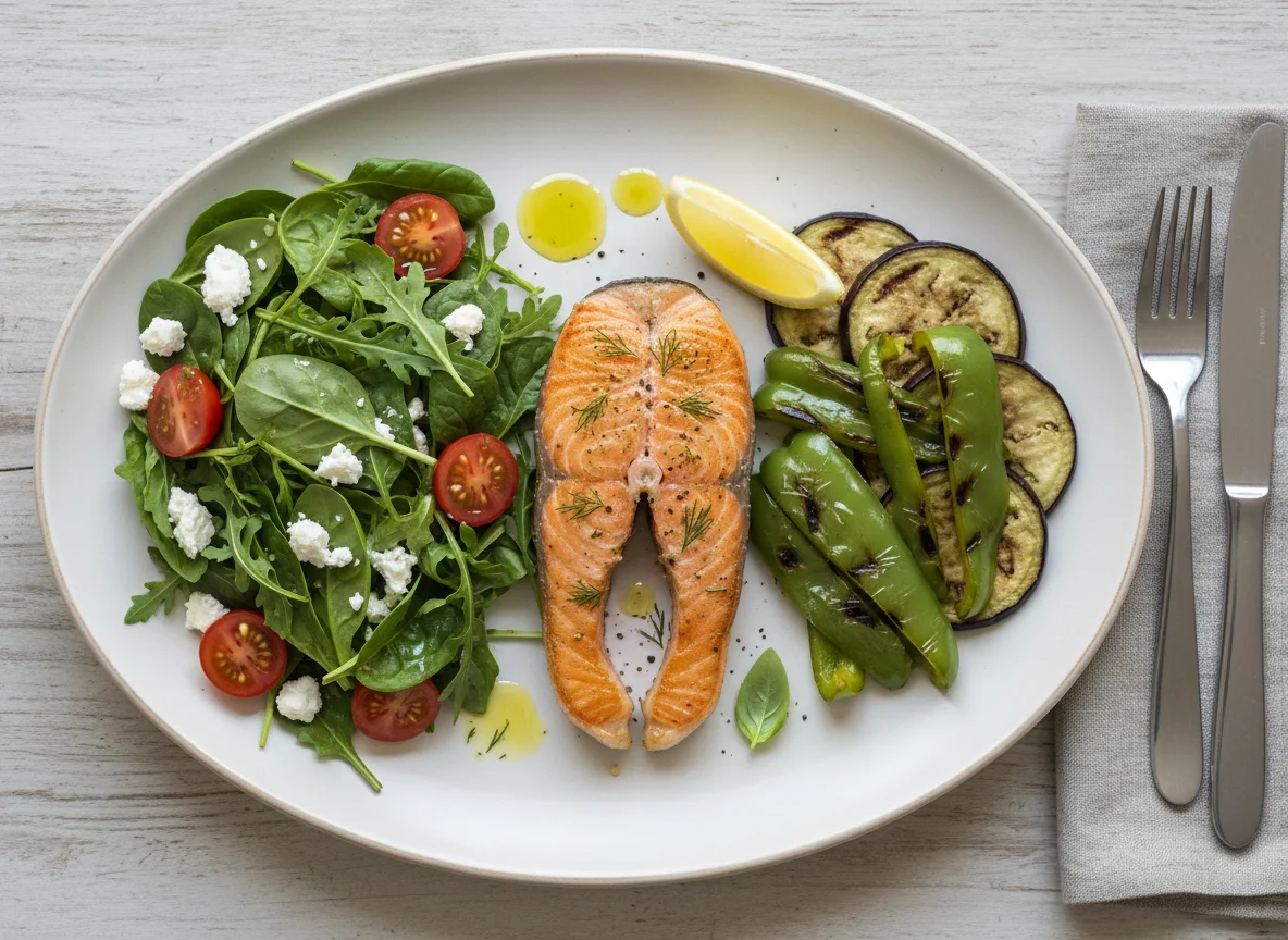Salmon with Mixed Salad, Feta, and Grilled Vegetables photo