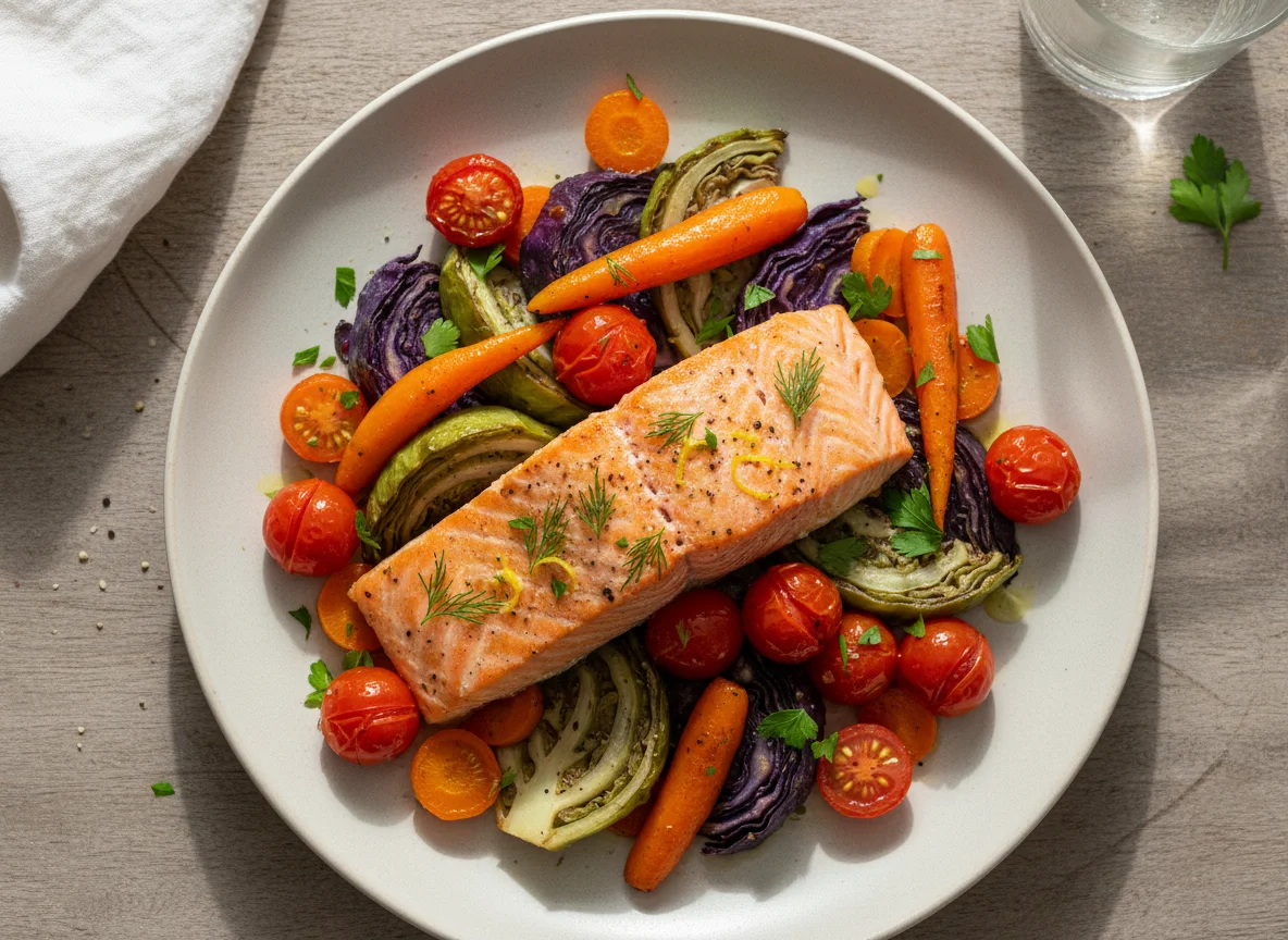 Salmon with Mixed Vegetables and Cherry Tomatoes photo
