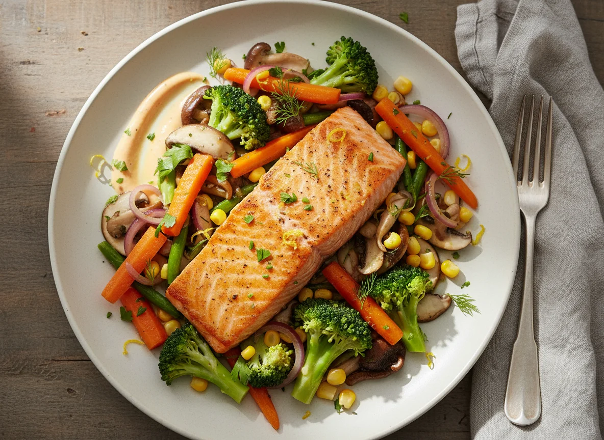 Salmon with Mixed Vegetables and Mushrooms photo