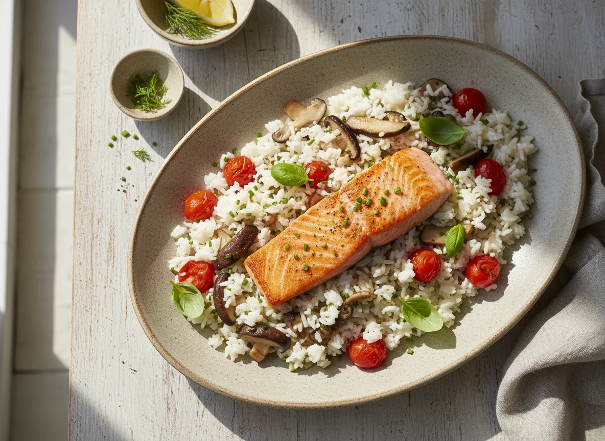 Salmon with Mushroom and Tomato Rice photo