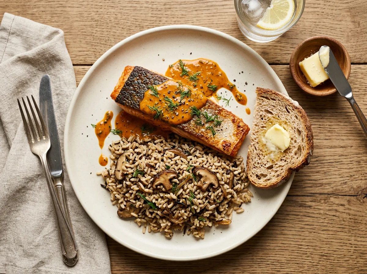 Salmon with Mushroom Rice and Bread photo