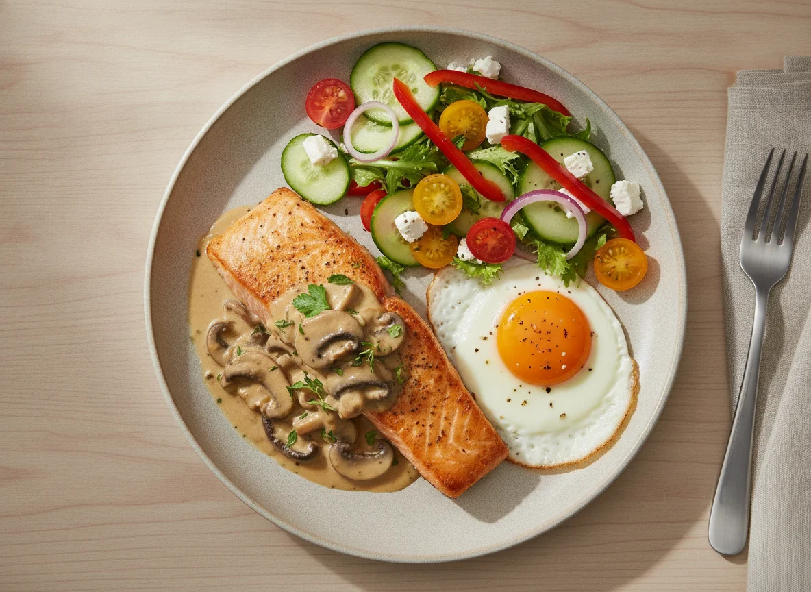 Salmon with Mushroom Sauce, Fried Egg and Fresh Salad photo