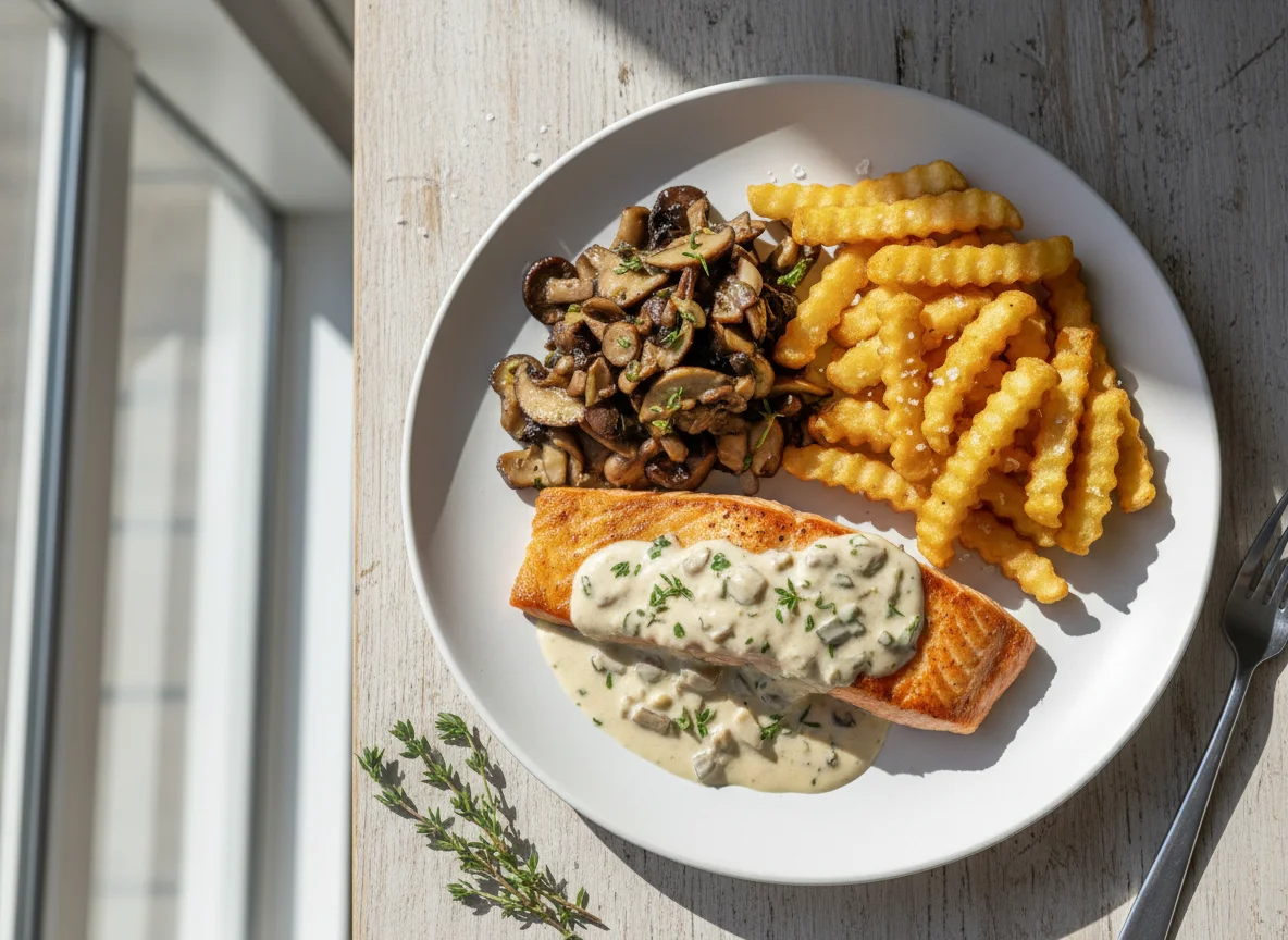 Salmon with Mushroom Sauce, Sautéed Mushrooms and Chips photo