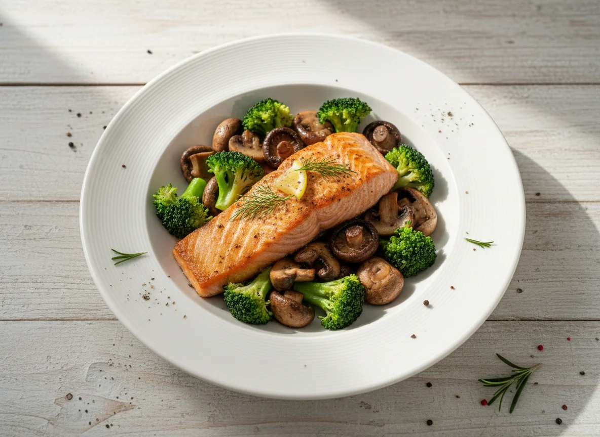 Salmon with Mushrooms and Broccoli photo