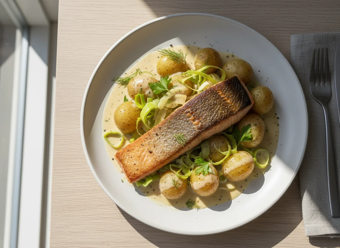 Salmon with New Potatoes and Leeks in Cream Sauce photo