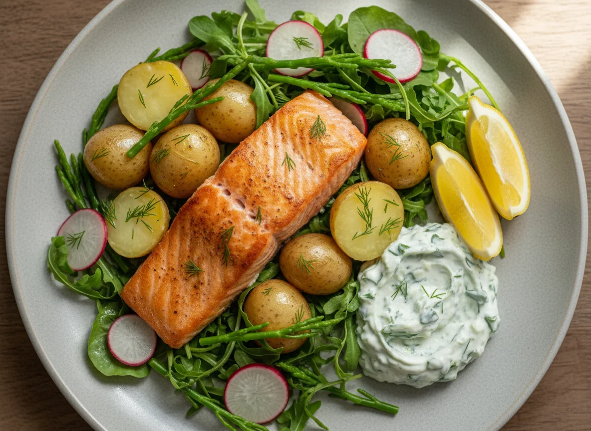 Salmon with new potatoes, samphire, rocket, radish, and watercress tzatziki photo