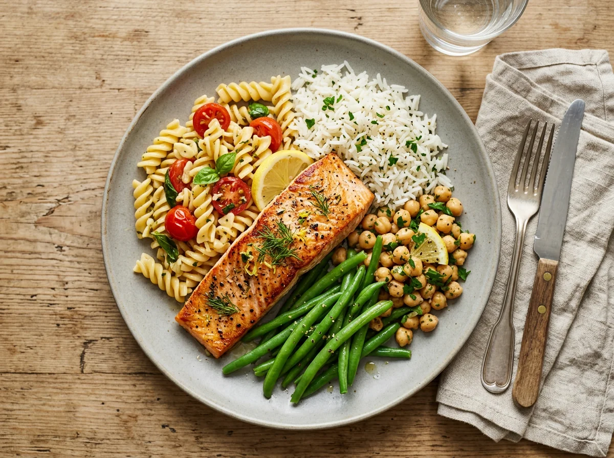 Salmon with pasta, rice and vegetables photo