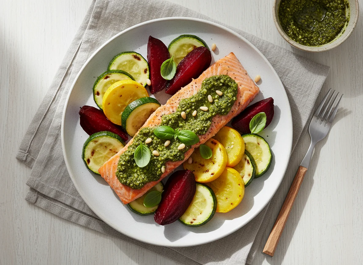 Salmon with Pesto, Zucchini, and Beets photo