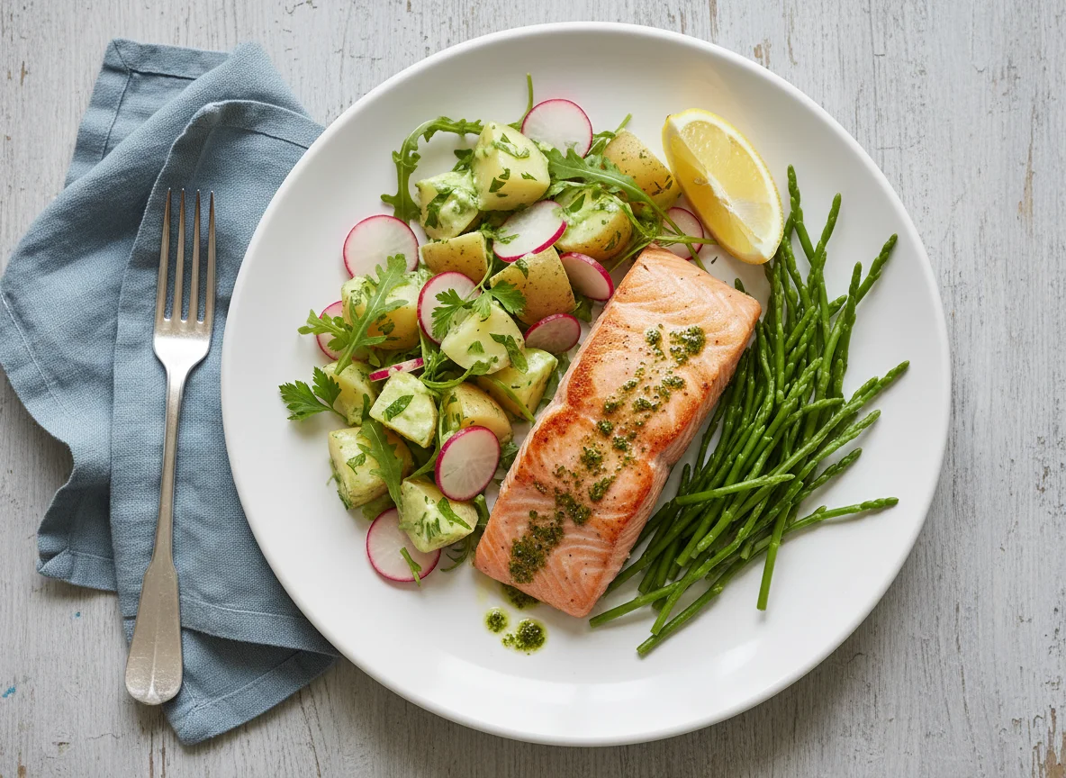 Salmon with Potato Salad and Samphire photo