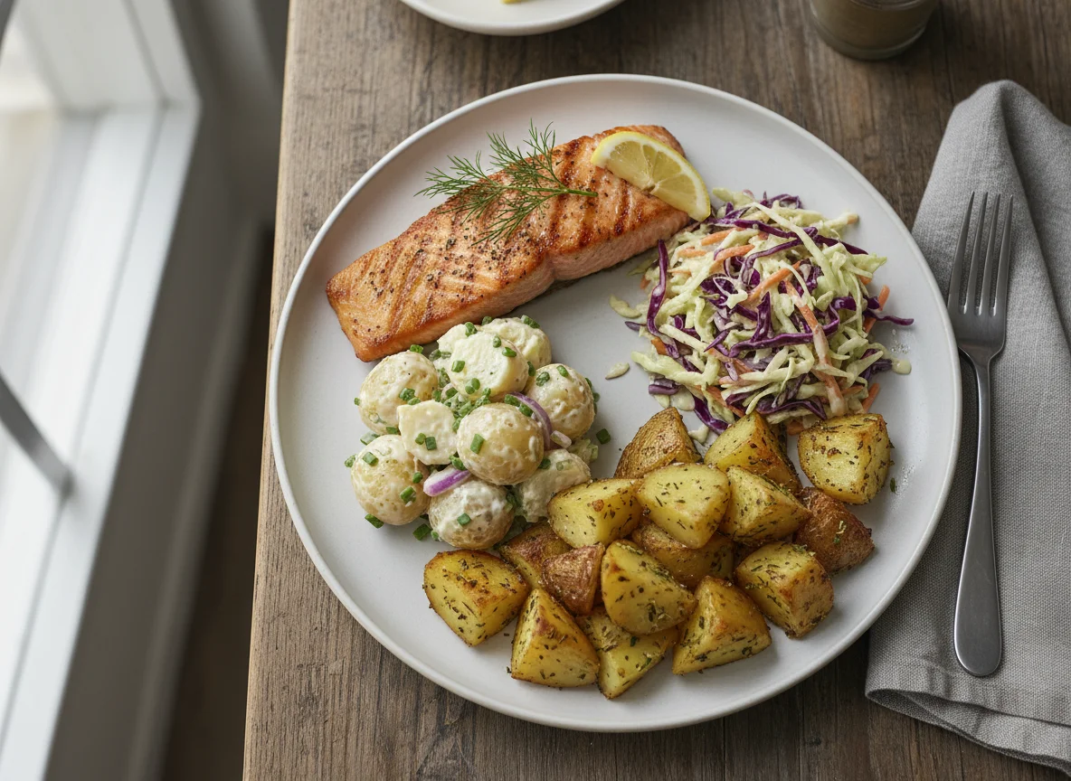 Salmon with Potato Salad, Coleslaw and Roast Potatoes photo