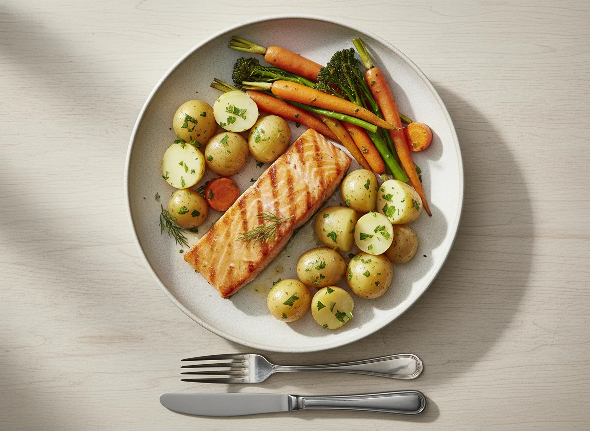Salmon with Potatoes, Carrots, and Tenderstem Broccoli photo