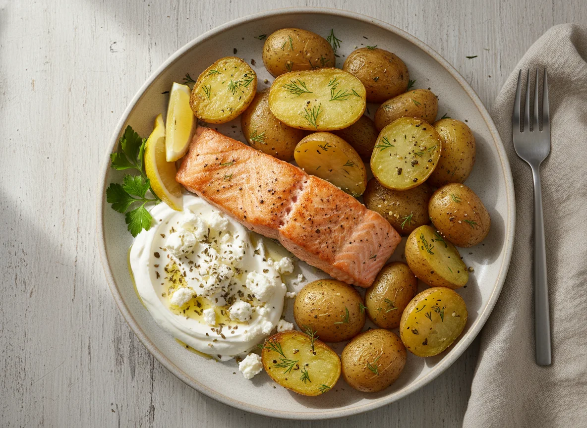 Salmon with Potatoes, Sour Cream and Feta Cheese photo