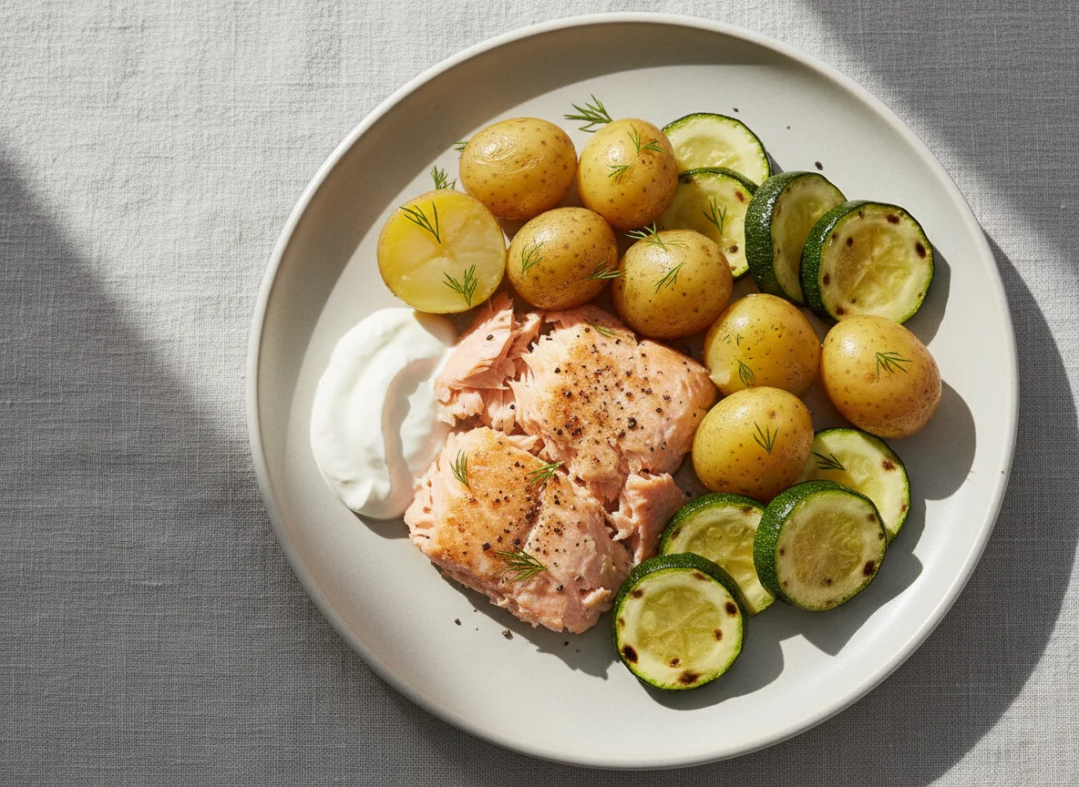 Salmon with Potatoes, Zucchini, and Sour Cream photo