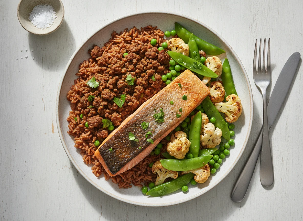 Salmon with Red Rice and Vegetables photo