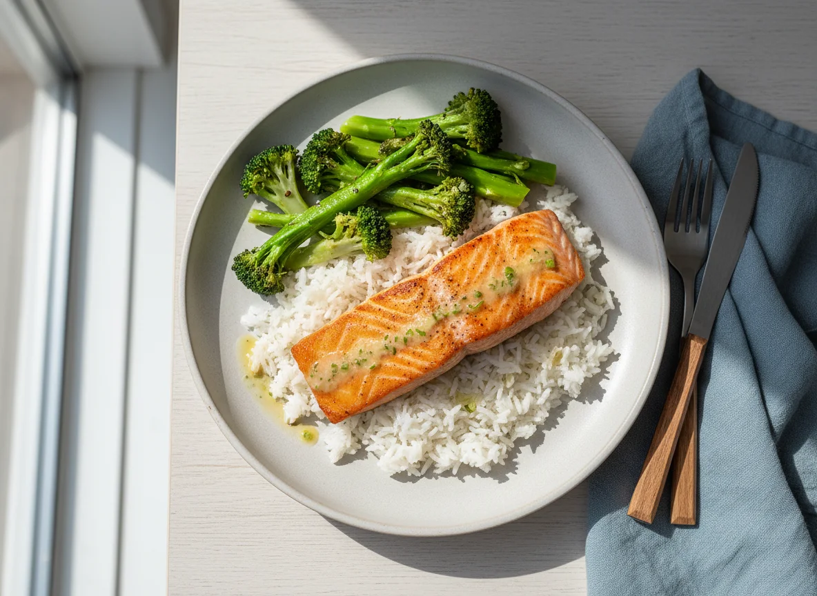 Salmon with Rice and Broccoli photo
