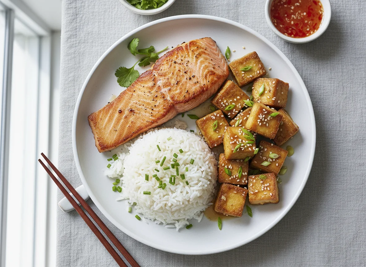 Salmon with Rice and Fried Tofu photo