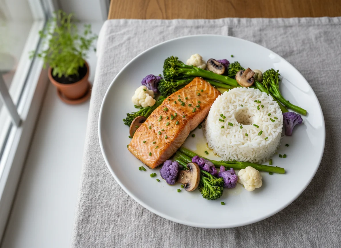 Salmon with Rice and Mixed Vegetables photo