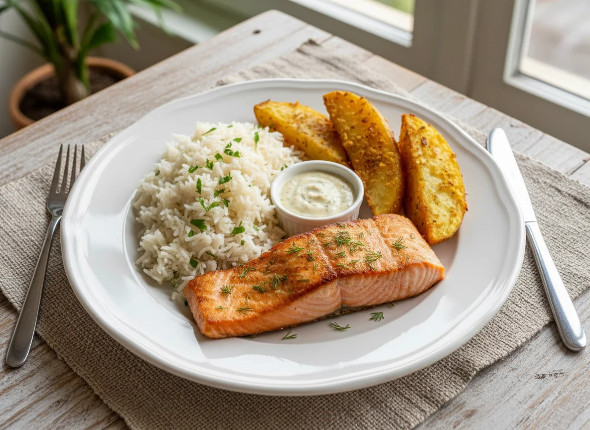 Salmon with Rice and Potato Wedge photo