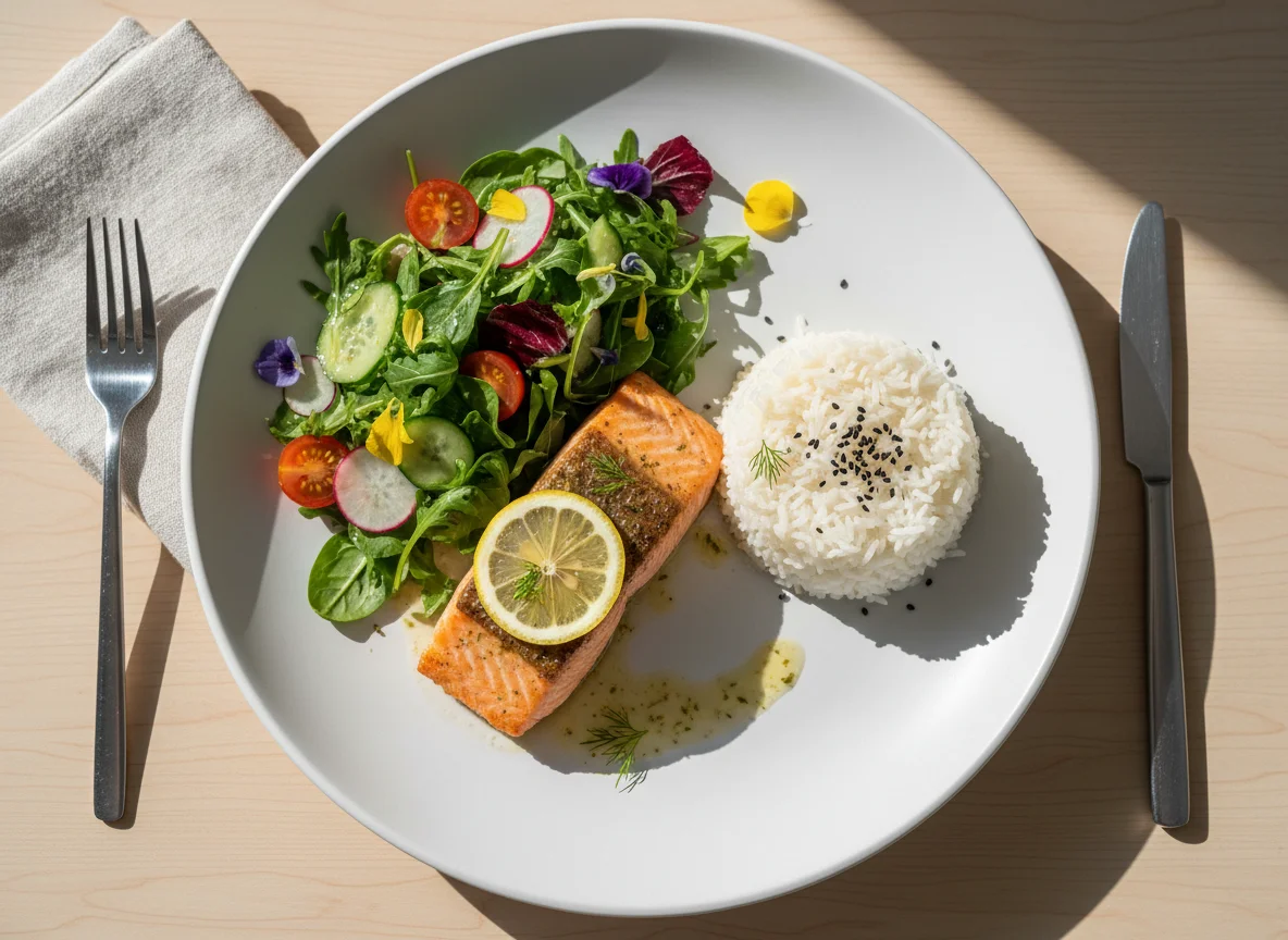 Salmon with Rice and Salad photo