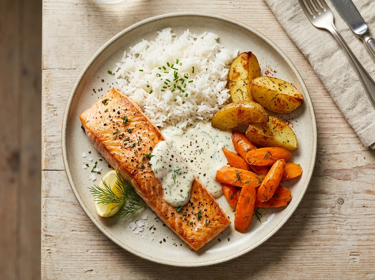Salmon with rice and sauce photo