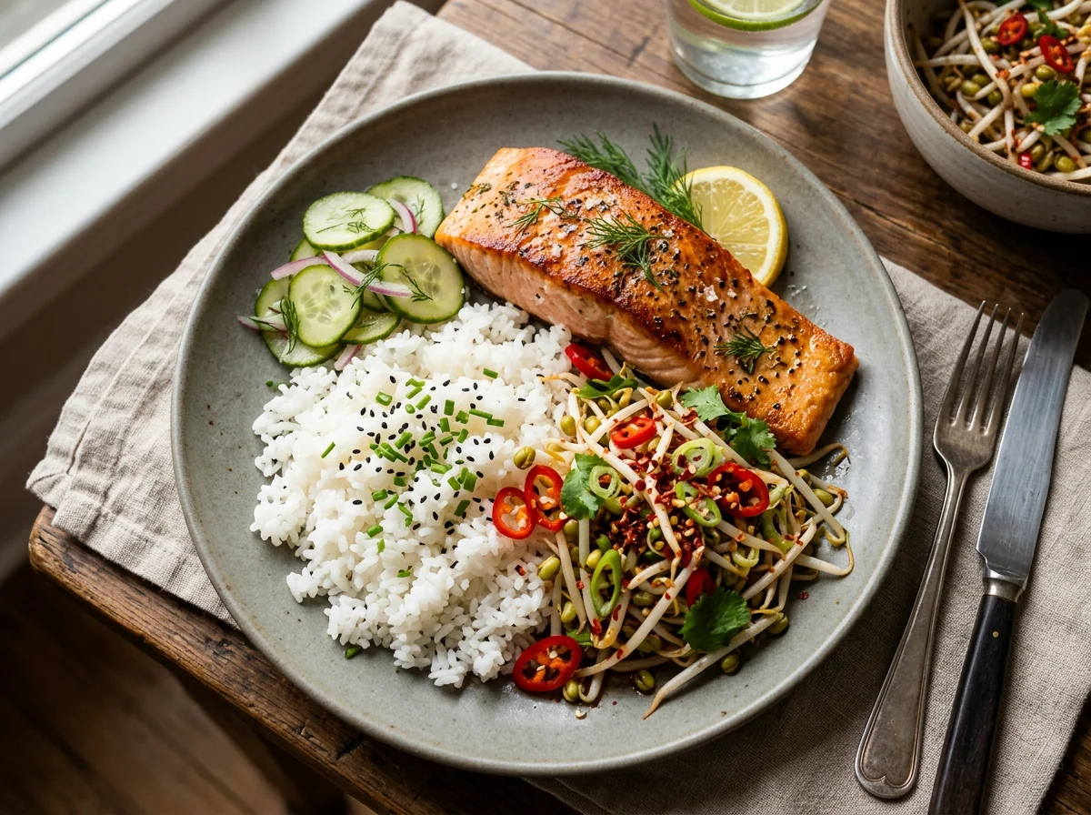 Salmon with Rice and Spicy Bean Sprouts photo