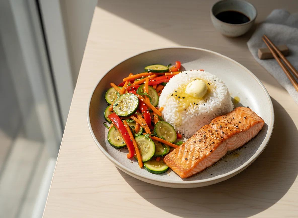 Salmon with rice and stir-fried vegetables photo