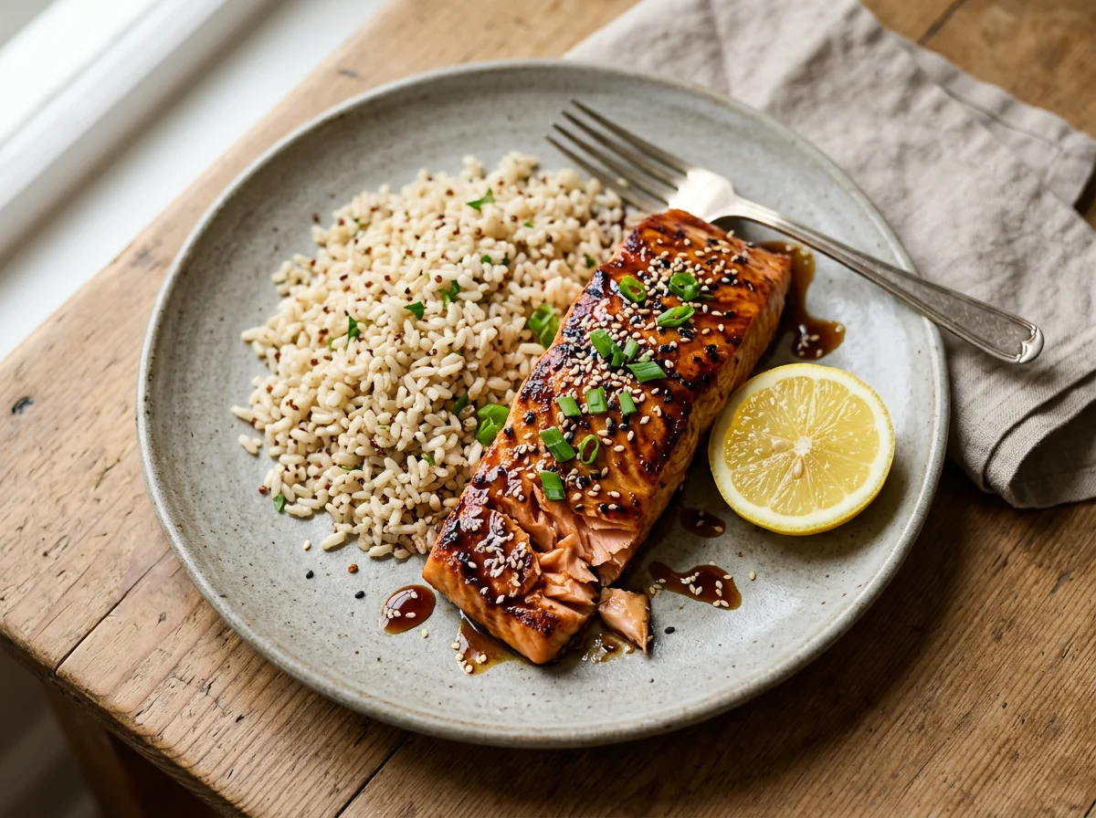 Salmon with Rice and Teriyaki Sauce photo
