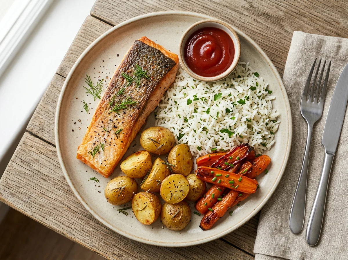 Salmon with rice, carrots and potatoes photo